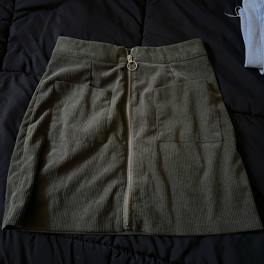 SHEIN Olive Green Corduroy Front-Zip Mini Skirt